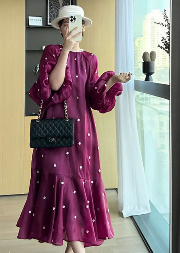 Chic Purple O-Neck Floral Ruffled Patchwork Long Dresses Puff Sleeve Ada Fashion