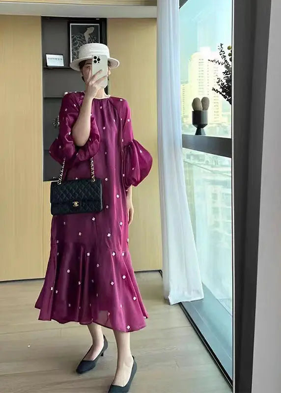 Chic Purple O-Neck Floral Ruffled Patchwork Long Dresses Puff Sleeve Ada Fashion