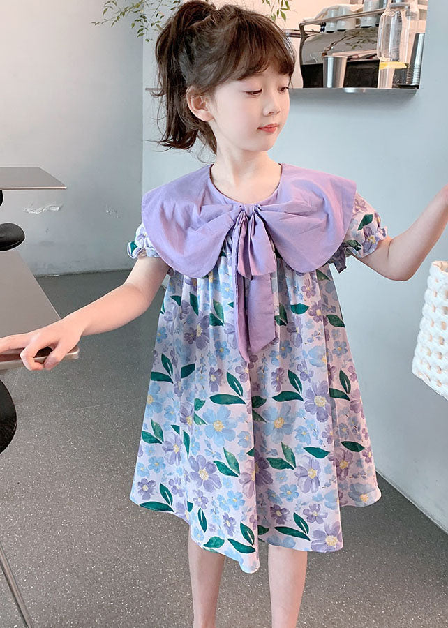 Chic Purple Print Wrinkled Patchwork Cotton Baby Girls Dress Summer LY5461 - fabuloryshop