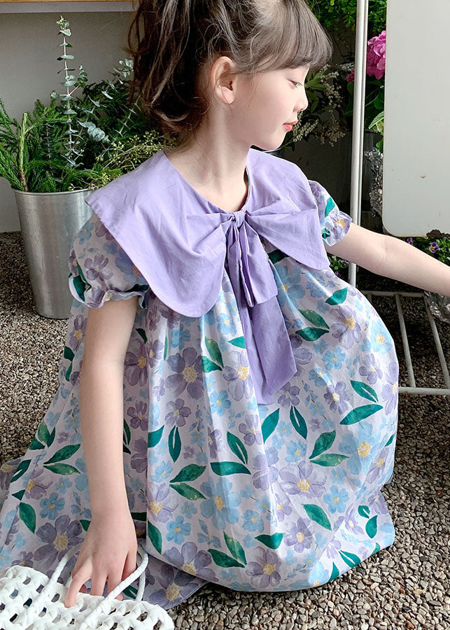 Chic Purple Print Wrinkled Patchwork Cotton Baby Girls Dress Summer LY5461 - fabuloryshop