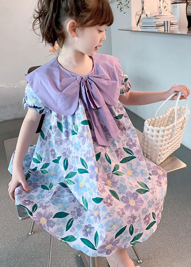 Chic Purple Print Wrinkled Patchwork Cotton Baby Girls Dress Summer LY5461 - fabuloryshop