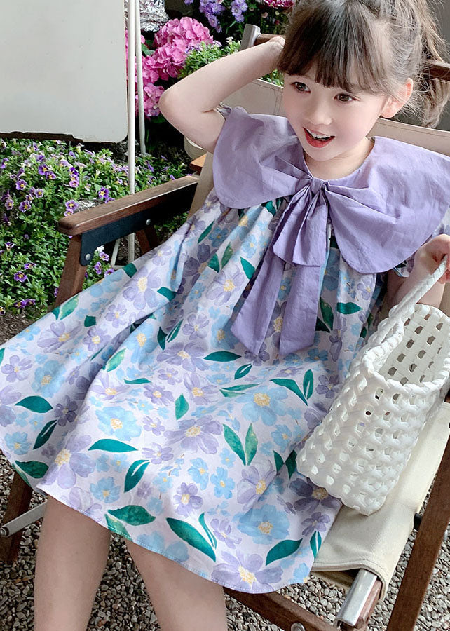 Chic Purple Print Wrinkled Patchwork Cotton Baby Girls Dress Summer LY5461 - fabuloryshop