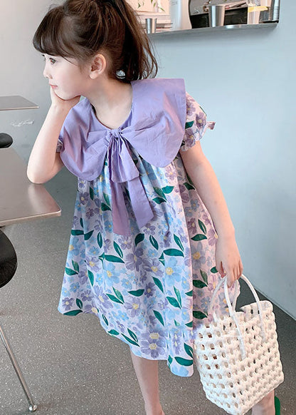 Chic Purple Print Wrinkled Patchwork Cotton Baby Girls Dress Summer LY5461 - fabuloryshop