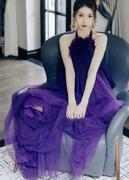 Chic Purple Ruffled Patchwork Halter Tulle Long Dresses Sleeveless Ada Fashion