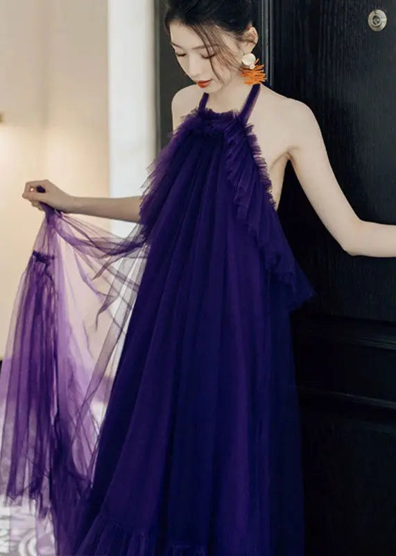 Chic Purple Ruffled Patchwork Halter Tulle Long Dresses Sleeveless Ada Fashion