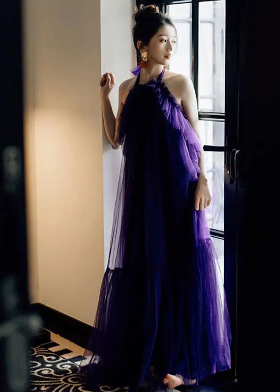 Chic Purple Ruffled Patchwork Halter Tulle Long Dresses Sleeveless Ada Fashion