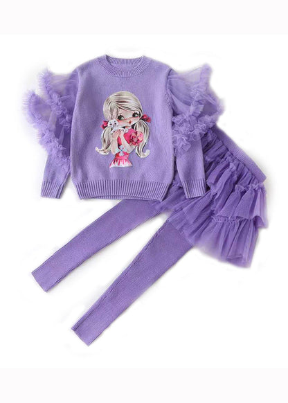 Chic Purple Ruffled Patchwork Knit Kids Girls Two Piece Set Outfits Fall Ada Fashion