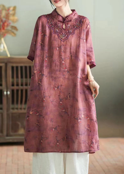 Chic Purple Stand Collar Embroideried Button Linen Long Dress Half Sleeve LY2856 - fabuloryshop