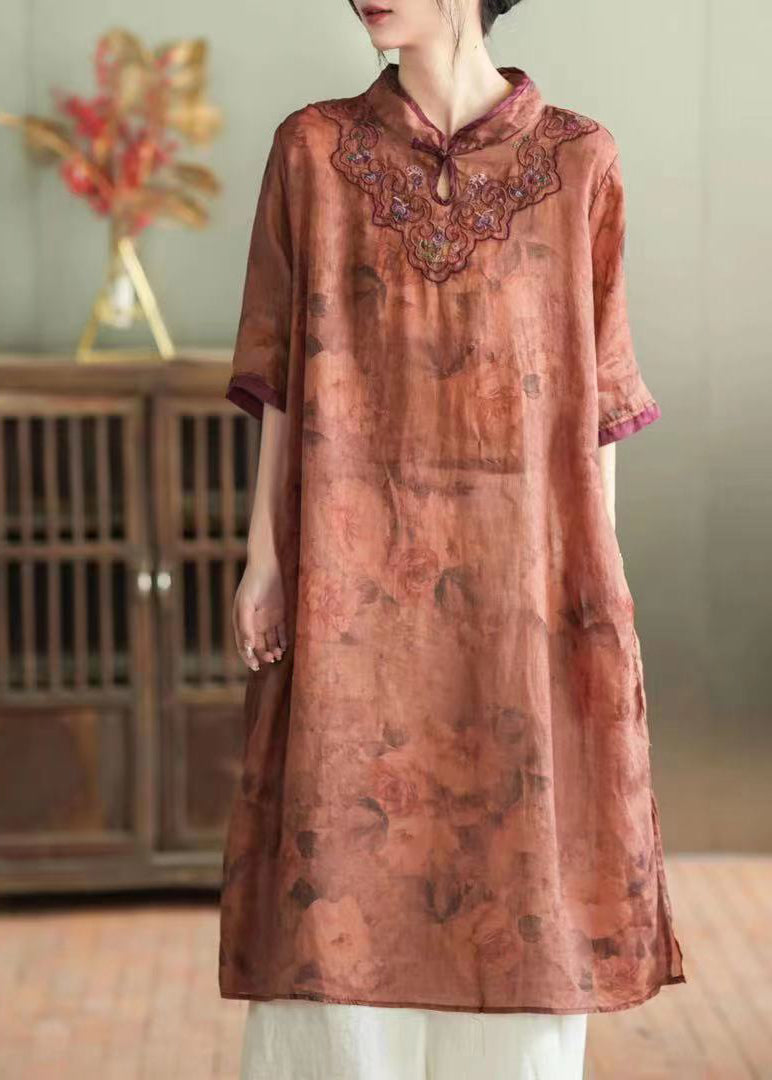 Chic Purple Stand Collar Embroideried Button Linen Long Dress Half Sleeve LY2856