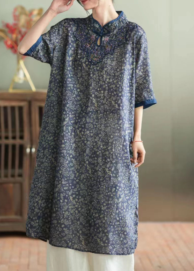 Chic Purple Stand Collar Embroideried Button Linen Long Dress Half Sleeve LY2856 - fabuloryshop