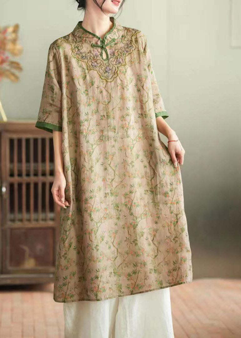 Chic Purple Stand Collar Embroideried Button Linen Long Dress Half Sleeve LY2856