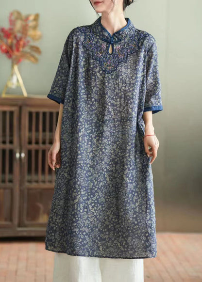 Chic Purple Stand Collar Embroideried Button Linen Long Dress Half Sleeve LY2856 - fabuloryshop