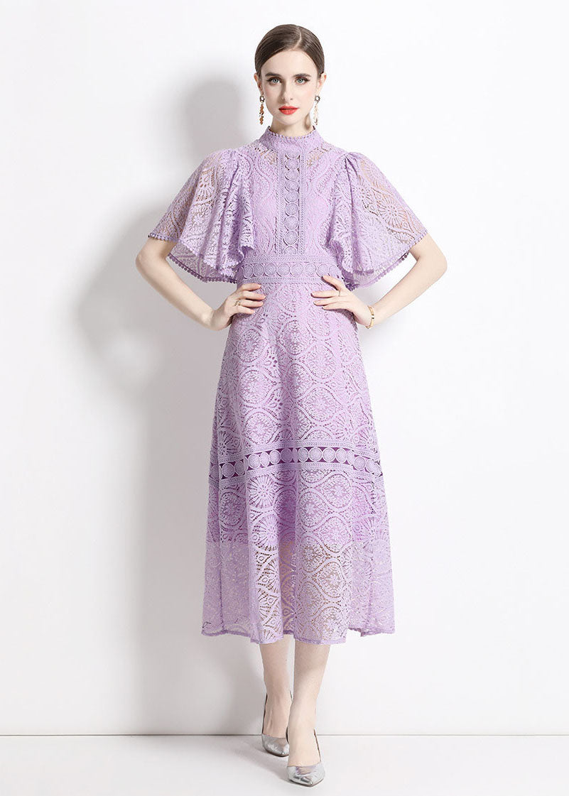 Chic Purple Stand Collar Hollow Out Patchwork Lace Dresses Butterfly Sleeve LY7418 - fabuloryshop