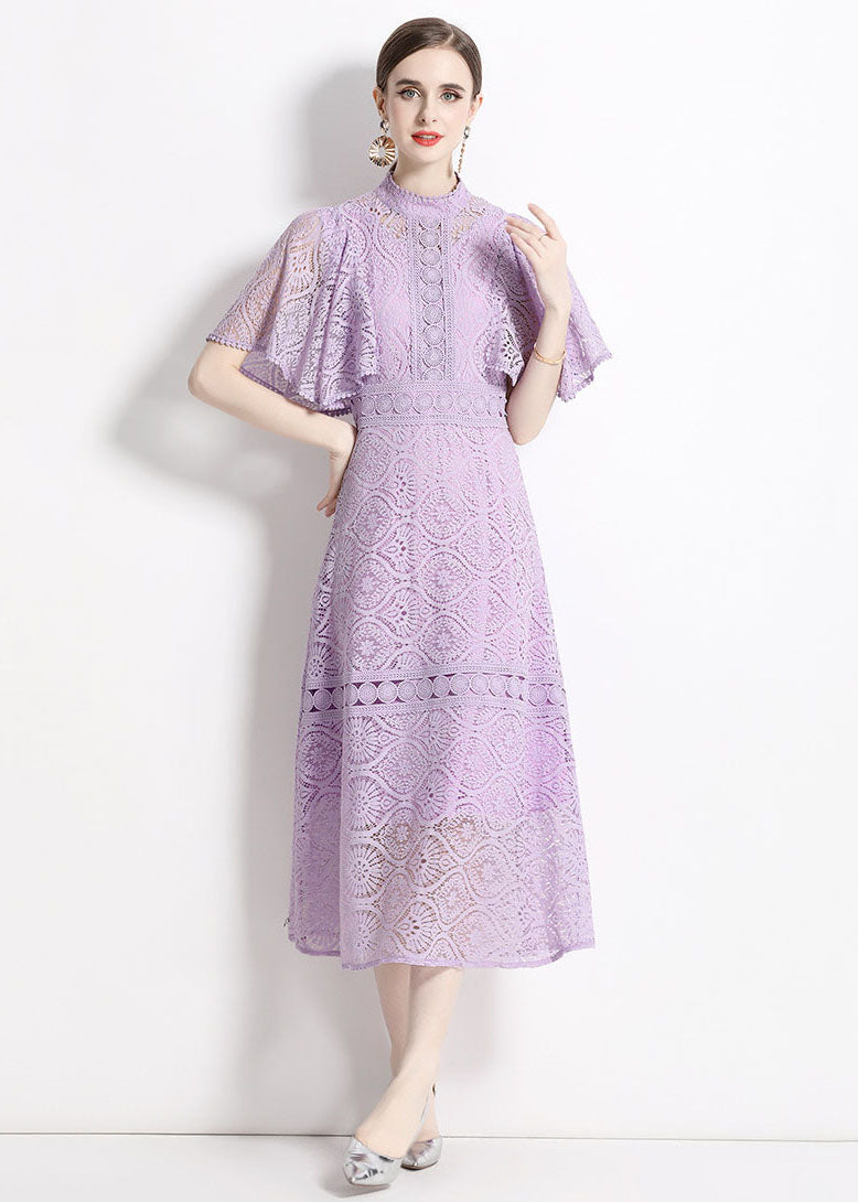 Chic Purple Stand Collar Hollow Out Patchwork Lace Dresses Butterfly Sleeve LY7418 - fabuloryshop