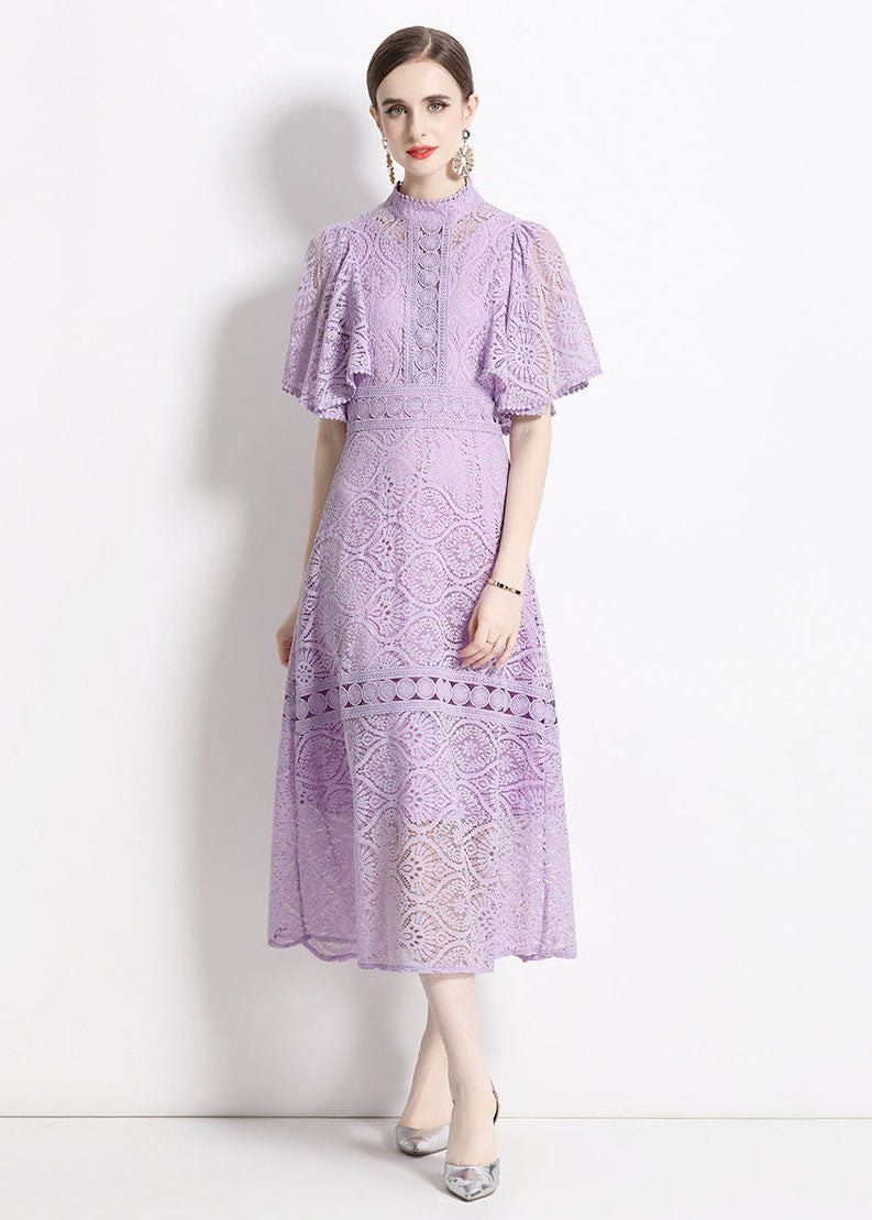 Chic Purple Stand Collar Hollow Out Patchwork Lace Dresses Butterfly Sleeve LY7418 - fabuloryshop