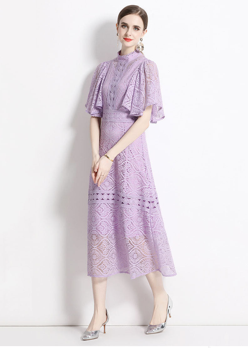 Chic Purple Stand Collar Hollow Out Patchwork Lace Dresses Butterfly Sleeve LY7418 - fabuloryshop