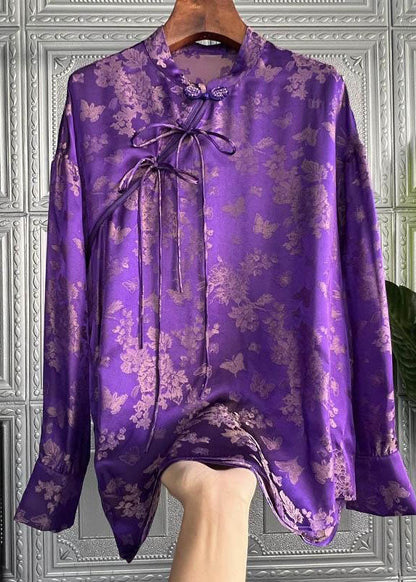 Chic Purple Stand Collar Print Lace Up Silk Shirt Top Spring LY1424 - fabuloryshop