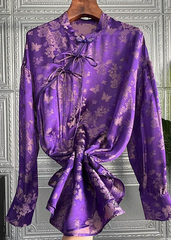 Chic Purple Stand Collar Print Lace Up Silk Shirt Top Spring LY1424 - fabuloryshop