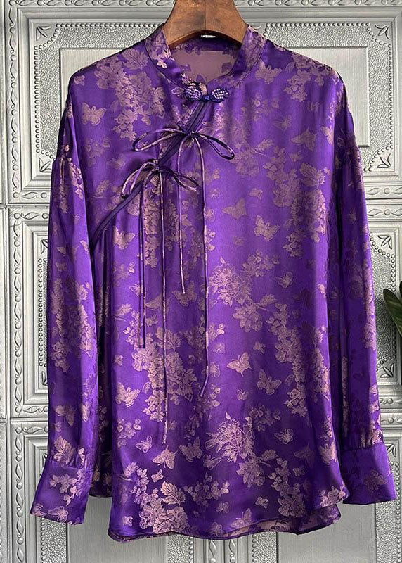 Chic Purple Stand Collar Print Lace Up Silk Shirt Top Spring LY1424 - fabuloryshop