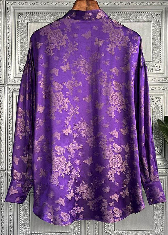 Chic Purple Stand Collar Print Lace Up Silk Shirt Top Spring LY1424 - fabuloryshop