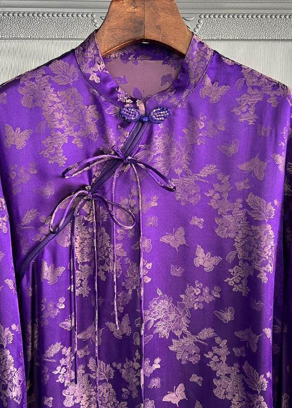 Chic Purple Stand Collar Print Lace Up Silk Shirt Top Spring LY1424 - fabuloryshop