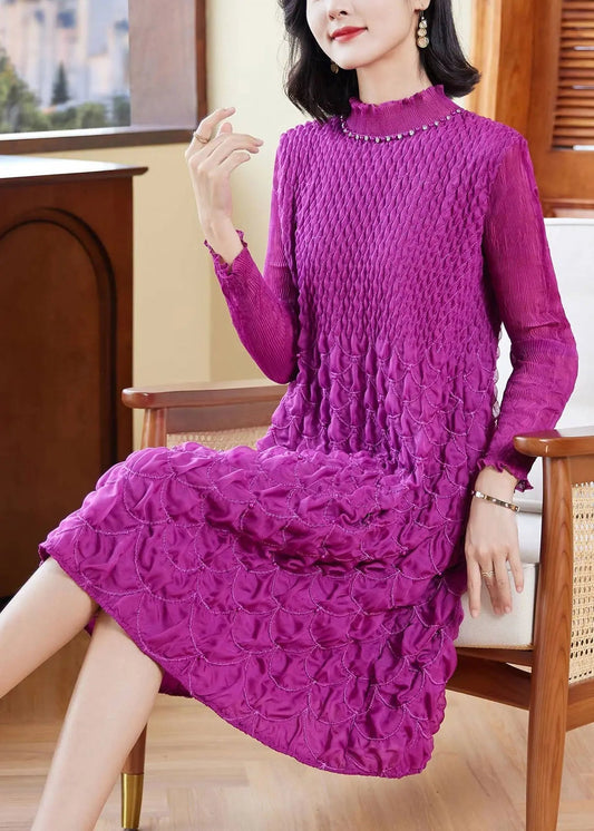 Chic Purple Stand Collar Zircon Wrinkled Mid Dresses Fall Ada Fashion