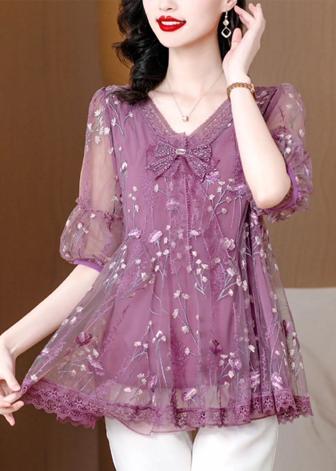 Chic Purple V Neck Embroidered Bow Lace Top Summer Ada Fashion