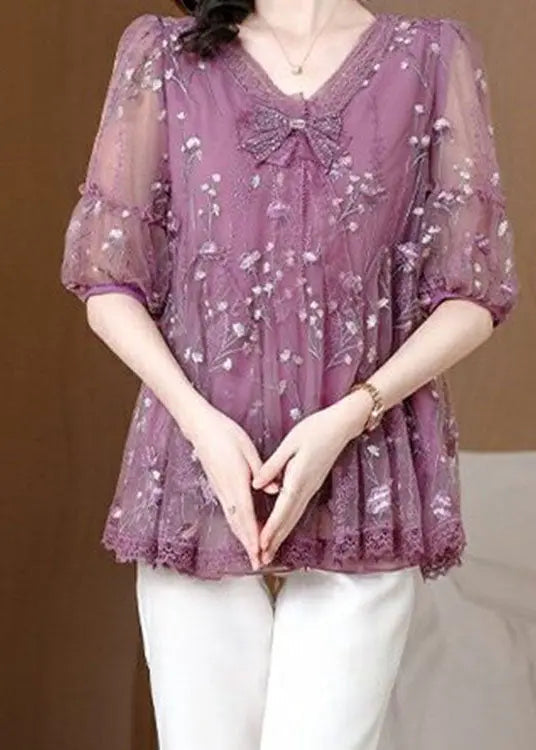 Chic Purple V Neck Embroidered Bow Lace Top Summer Ada Fashion