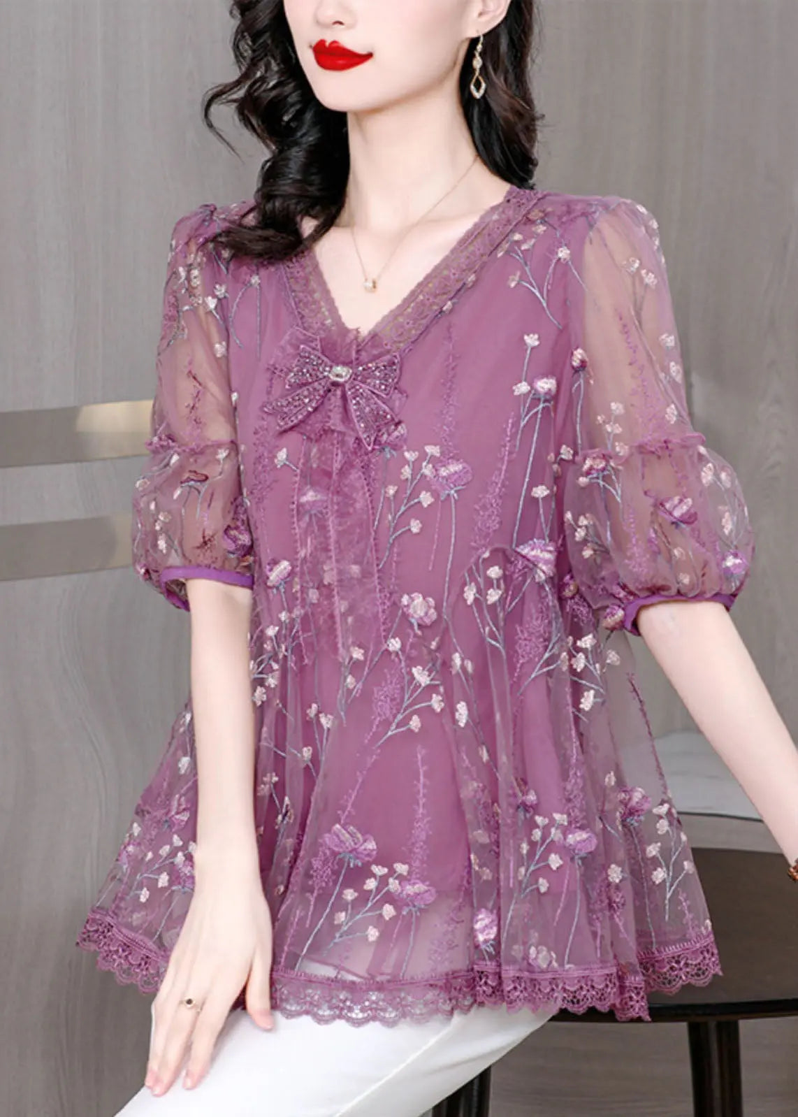 Chic Purple V Neck Embroidered Bow Lace Top Summer Ada Fashion