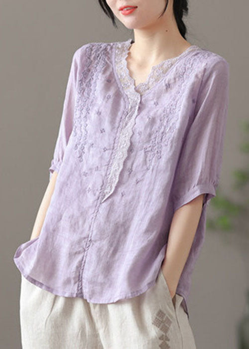 Chic Purple V Neck Embroideried Linen Blouse Tops Half Sleeve TG1043 - fabuloryshop