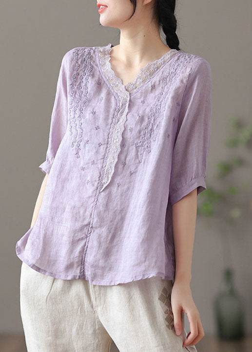 Chic Purple V Neck Embroideried Linen Blouse Tops Half Sleeve TG1043 - fabuloryshop