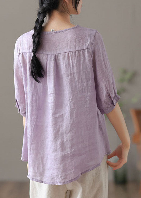 Chic Purple V Neck Embroideried Linen Blouse Tops Half Sleeve TG1043 - fabuloryshop