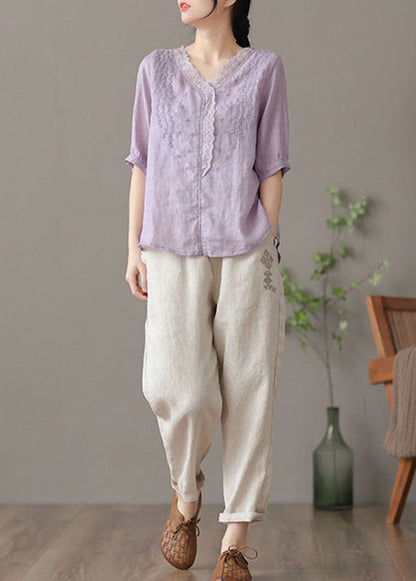 Chic Purple V Neck Embroideried Linen Blouse Tops Half Sleeve TG1043 - fabuloryshop