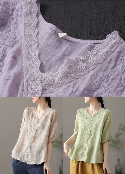 Chic Purple V Neck Embroideried Linen Blouse Tops Half Sleeve TG1043 - fabuloryshop