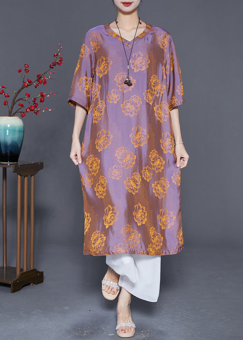 Chic Purple V Neck Print Wear On Both Sides Silk Dresses Summer LY5586 - fabuloryshop