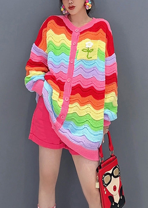 Chic Rainbow Button Hollow Out Patchwork Knit Top Fall Ada Fashion