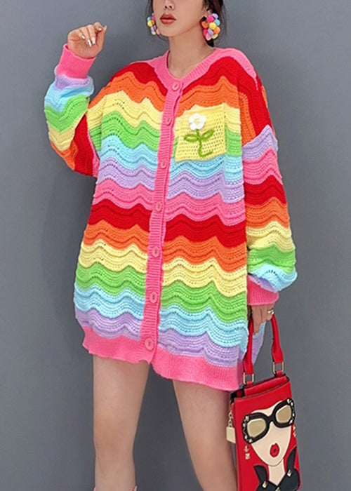 Chic Rainbow Button Hollow Out Patchwork Knit Top Fall Ada Fashion