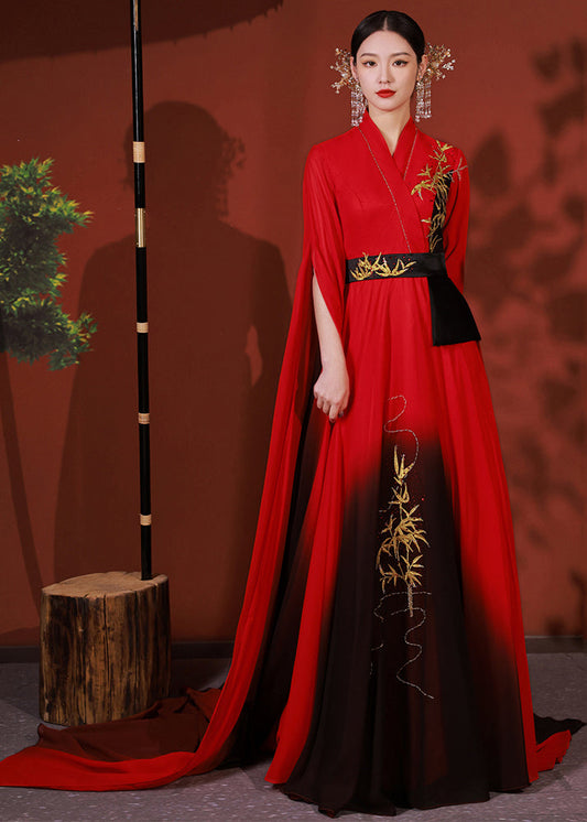 Chic Red Asymmetrical Embroideried Patchwork Chiffon Long Dress Fall Ada Fashion