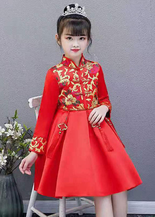 Chic Red Embroideried Tassel Button Kids Girls Mid Dresses Fall Ada Fashion