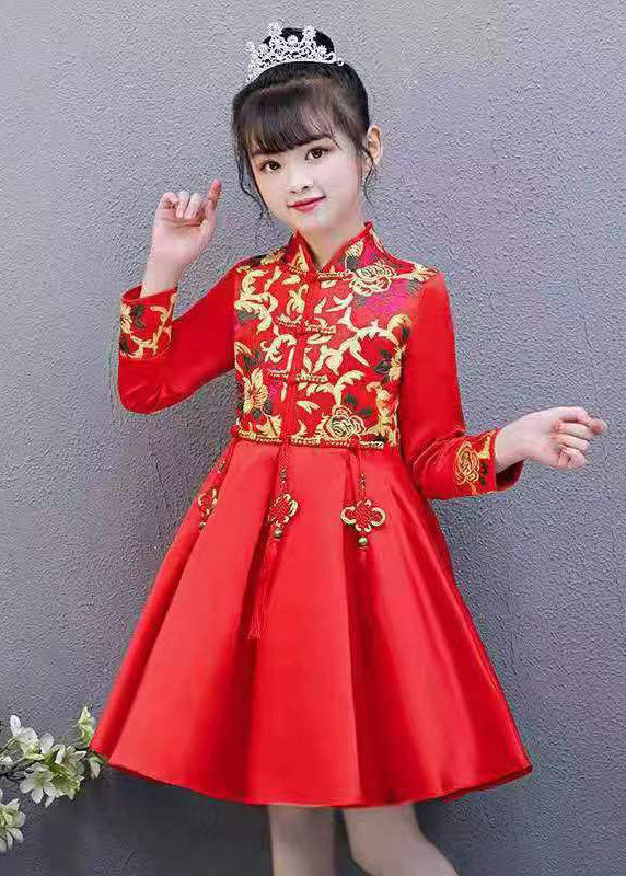 Chic Red Embroideried Tassel Button Kids Girls Mid Dresses Fall Ada Fashion