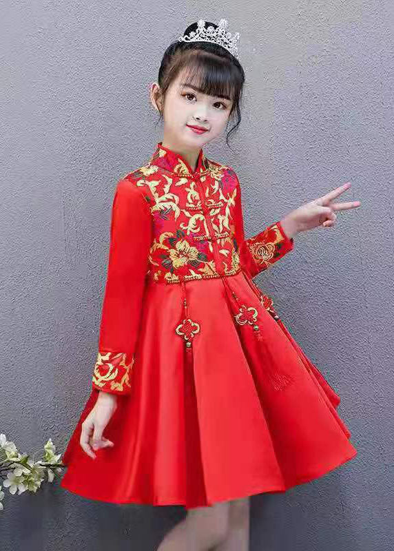 Chic Red Embroideried Tassel Button Kids Girls Mid Dresses Fall Ada Fashion