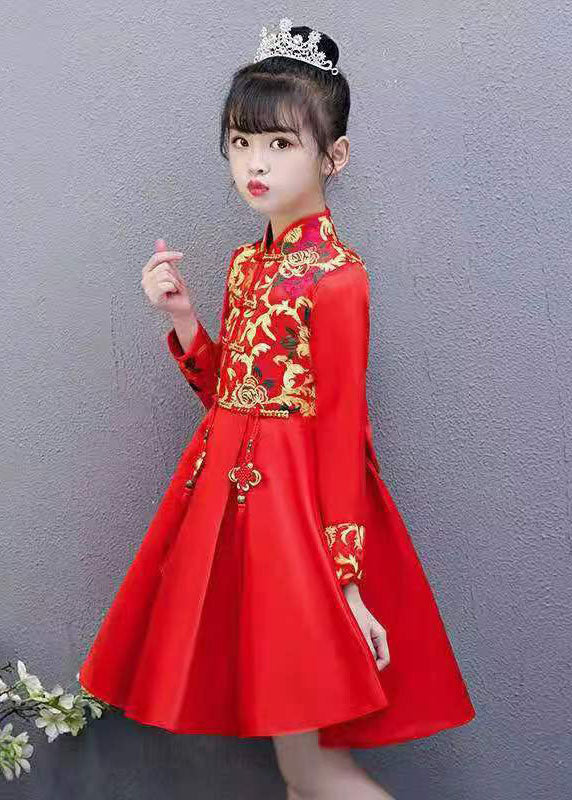 Chic Red Embroideried Tassel Button Kids Girls Mid Dresses Fall Ada Fashion