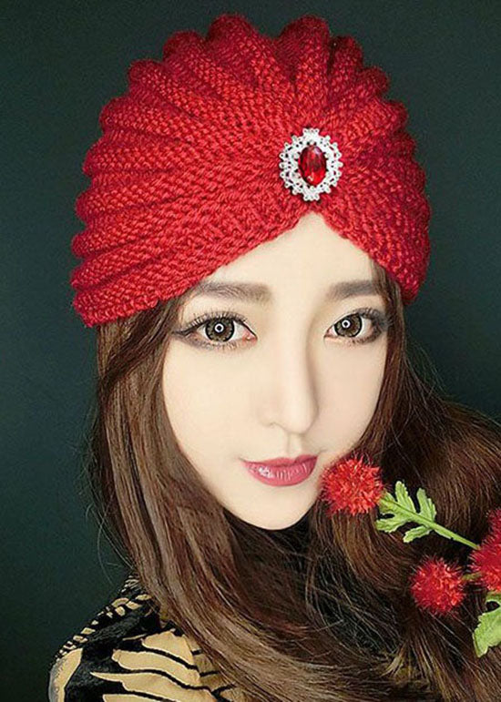 Chic Red Gem Stone Patchwork Knit Bonnie Hat LC0547