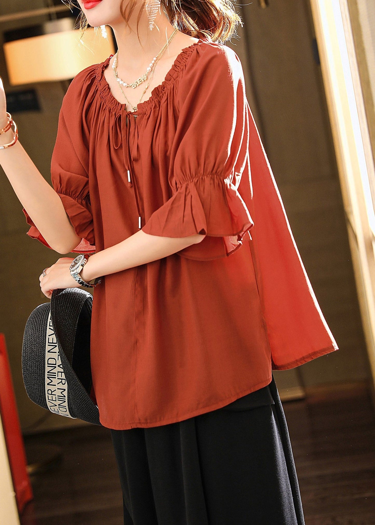 Chic Red O-Neck Neck TIie Side Open Shirts Short Sleeve LY1494 - fabuloryshop