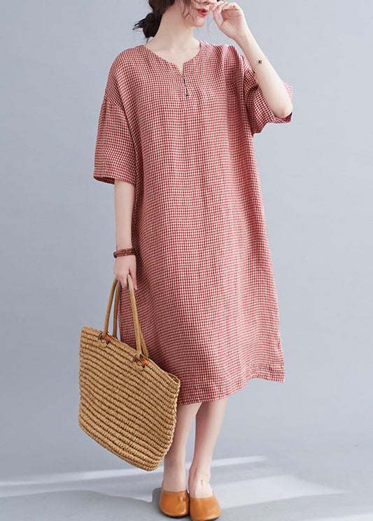 Chic Red Oversized Plaid Linen A Line Dresses Summer LY7345 - fabuloryshop