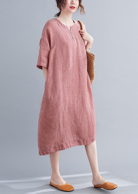 Chic Red Oversized Plaid Linen A Line Dresses Summer LY7345 - fabuloryshop