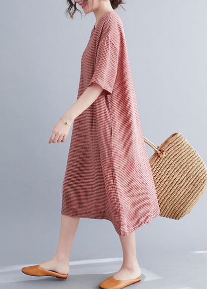 Chic Red Oversized Plaid Linen A Line Dresses Summer LY7345 - fabuloryshop