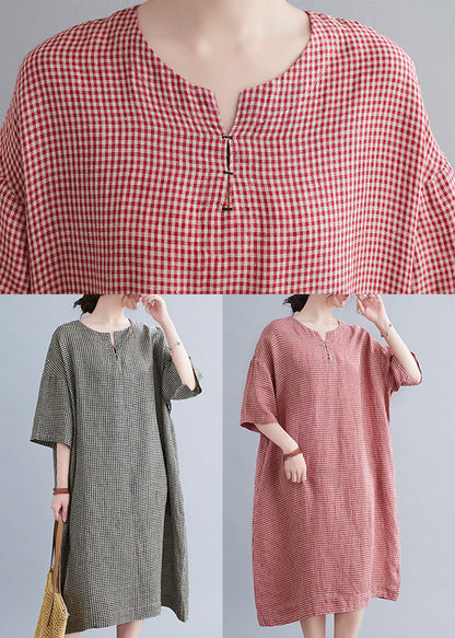 Chic Red Oversized Plaid Linen A Line Dresses Summer LY7345 - fabuloryshop