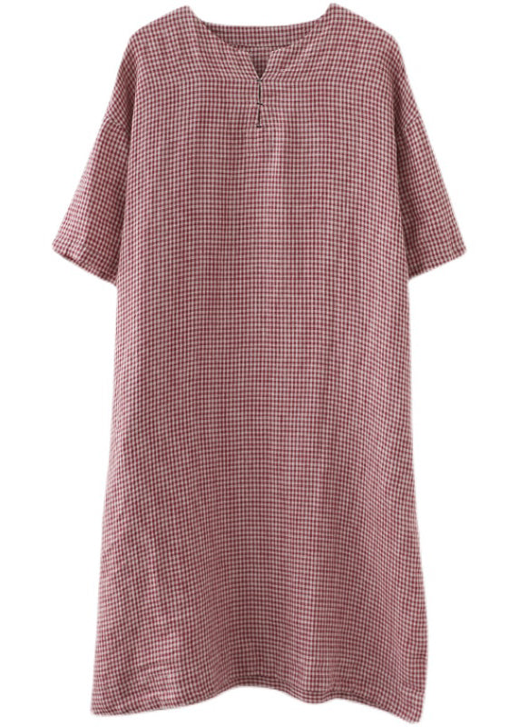 Chic Red Oversized Plaid Linen A Line Dresses Summer LY7345 - fabuloryshop