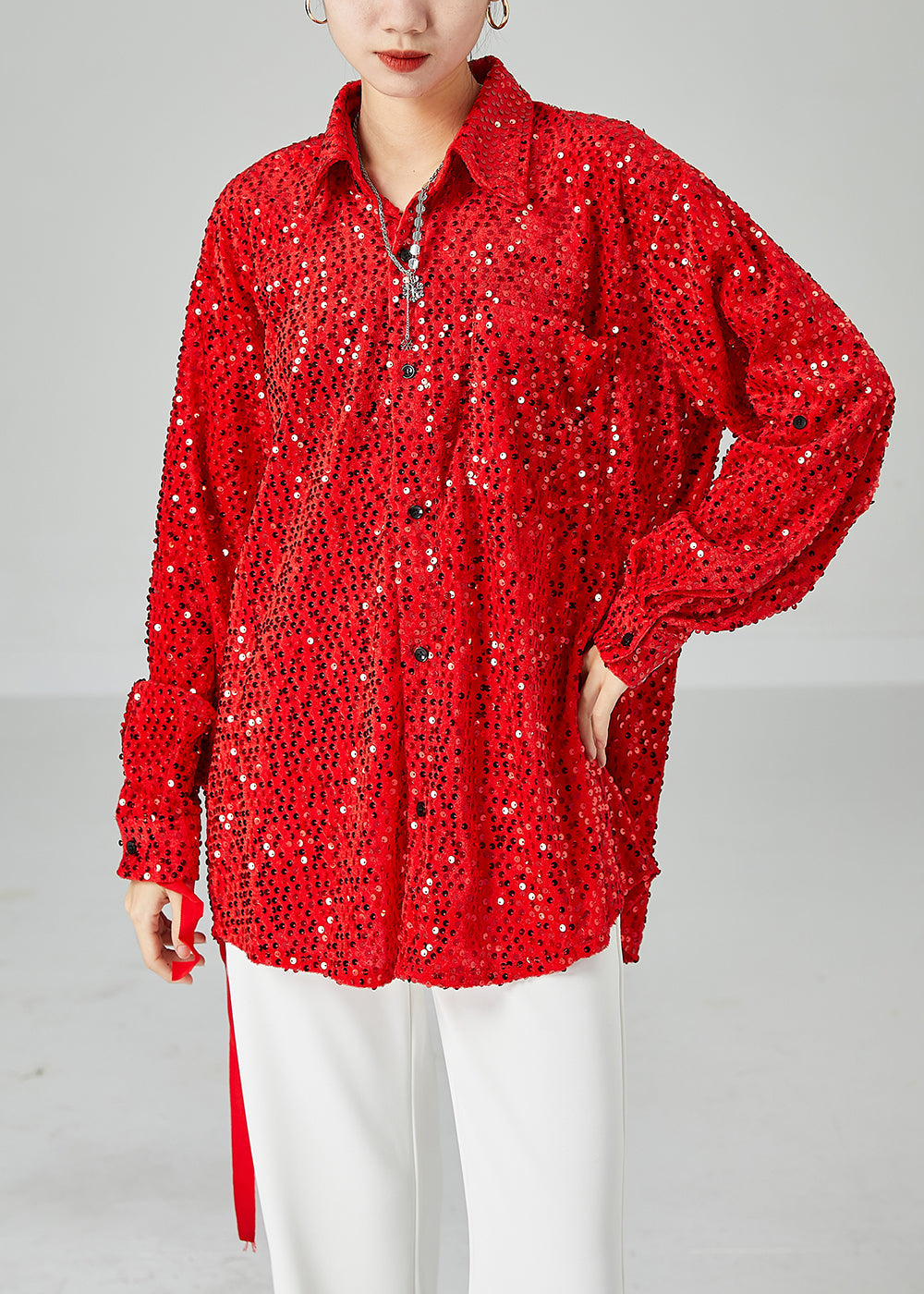 Chic Red Oversized Sequins Silk Velour Shirt Tops Spring LY2467 - fabuloryshop